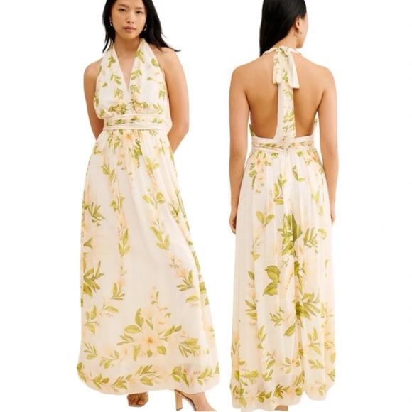 Farm Rio Cream Floral Boho V Neck Tie Back Adjustable Halter Maxi Dress Gown M - Picture 2 of 12